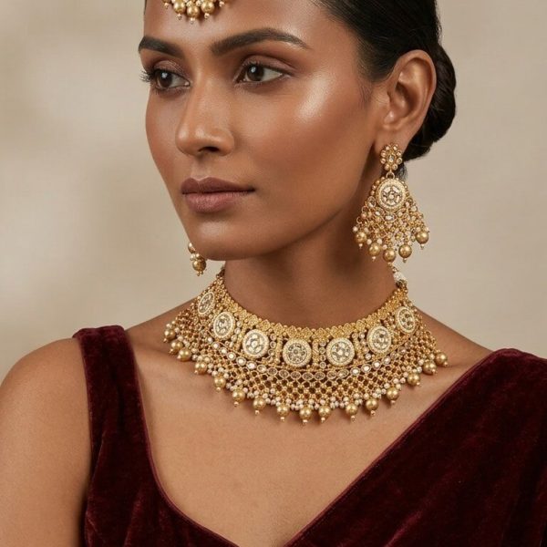 "Indian bridal gold kundan necklace set with maang tikka and earrings in traditional temple jewelry design"