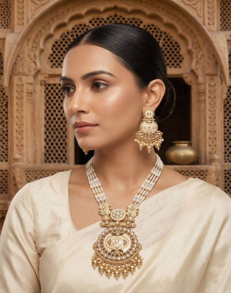 A woman wearing an intricate ivory and gold Kundan long necklace with matching jhumka earrings, styled with a cream silk saree