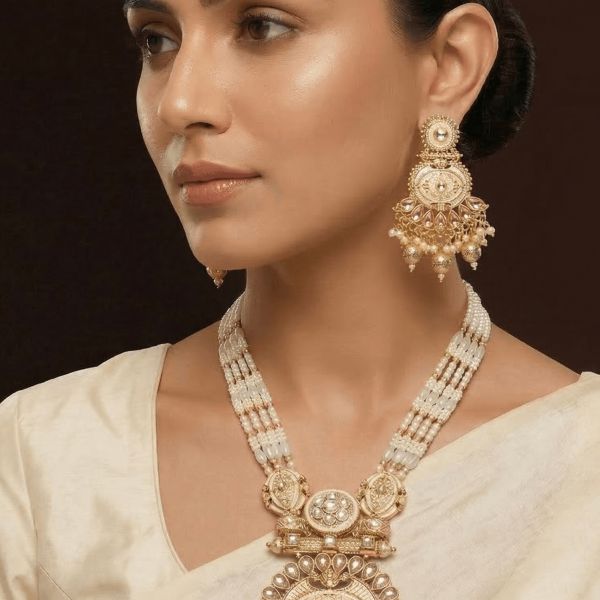 "Woman wearing ivory pearl temple necklace set with gold pendant and traditional earrings"