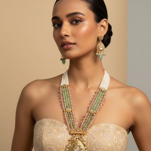 "Multistrand pastel green and pink beaded kundan necklace set with statement pendant and matching earrings"