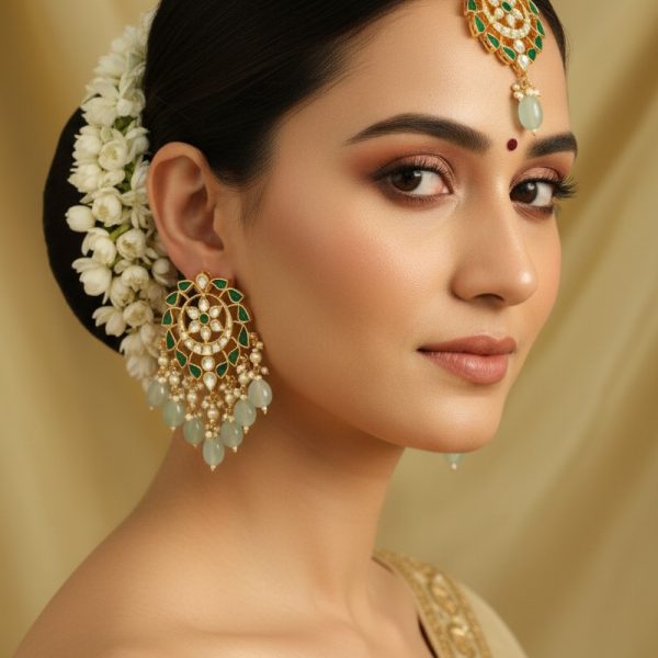 Model wearing Kundan earrings and maang tikka with green stones and pearl drops styled for an Indian bridal look