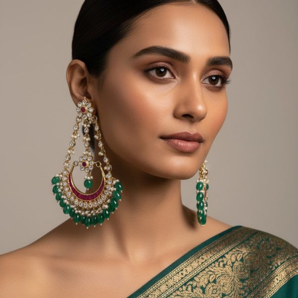 "Indian woman wearing kundan chandbali earrings with emerald beads and traditional green saree"
