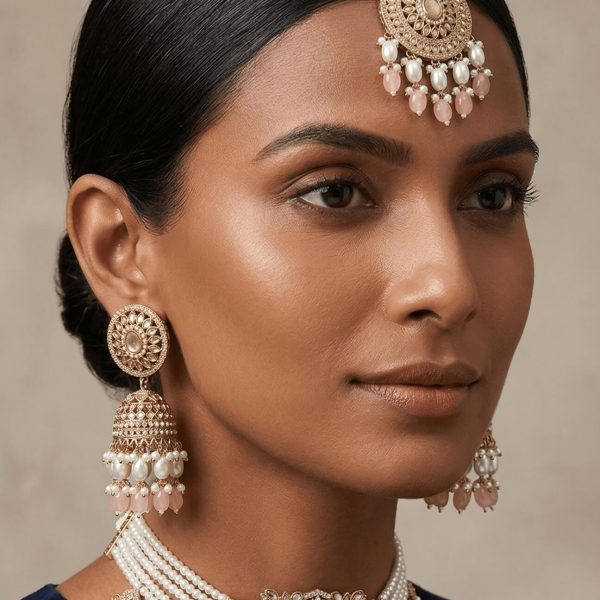 "Indian bridal pearl kundan choker necklace set with maang tikka and jhumka earrings"