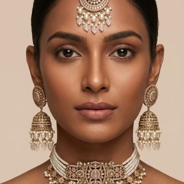 "Indian bridal pearl kundan choker necklace set with maang tikka and jhumka earrings"