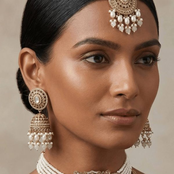 "Indian bridal pearl kundan choker necklace set with maang tikka and jhumka earrings"