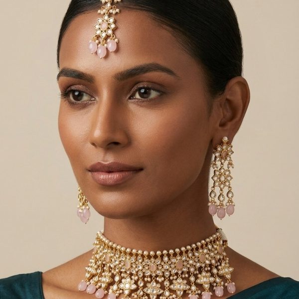 "Indian bridal kundan choker necklace set with pink stones, matching earrings and maang tikka"