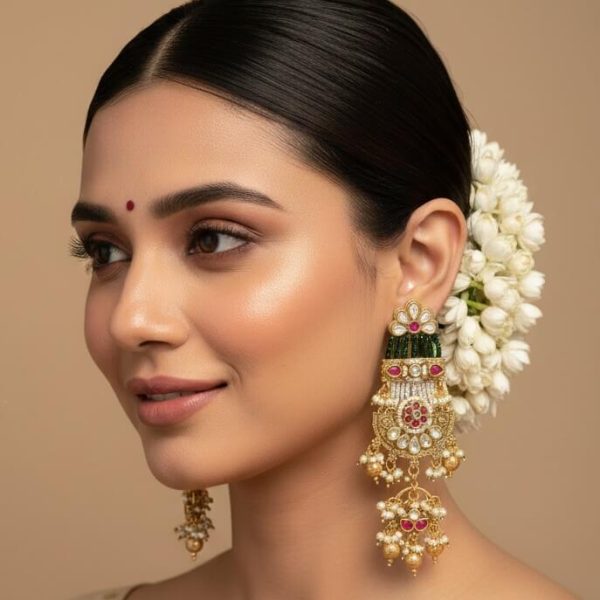 "Woman wearing traditional kundan jhumka chandelier earrings with pearl drops and green bead detailing"
