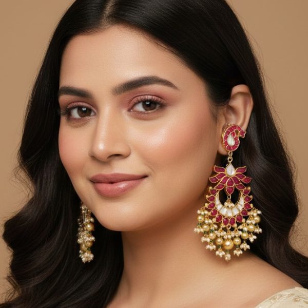 Woman wearing traditional gold and pink Kundan earrings with pearl drops, perfect for bridal and festive Indian jewelry styling
