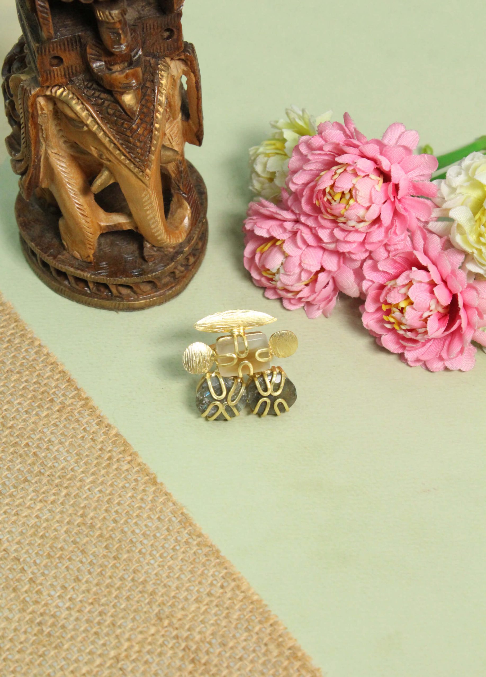 Labradorite and Peach Moonstone Statement Ring – Handcrafted Gold Wire-Wrapped Cocktail Ring 2 Labradorite and Peach Moonstone Statement Ring – Handcrafted Gold Wire-Wrapped Cocktail Ring - Image 2