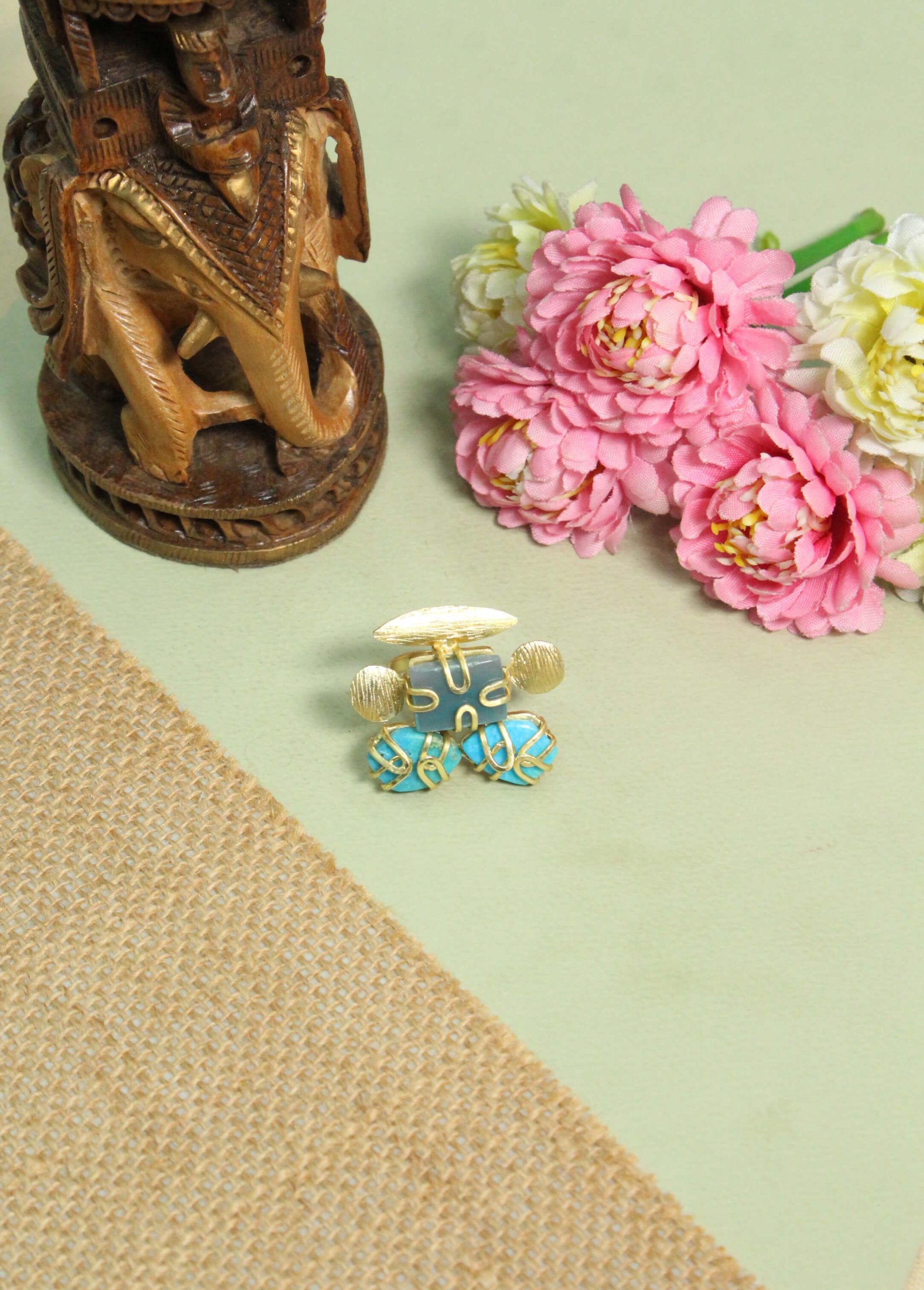 Amazonite and Turquoise Statement Ring – Handcrafted Gold Wire-Wrapped Cocktail Ring 2 Amazonite and Turquoise Statement Ring – Handcrafted Gold Wire-Wrapped Cocktail Ring - Image 2