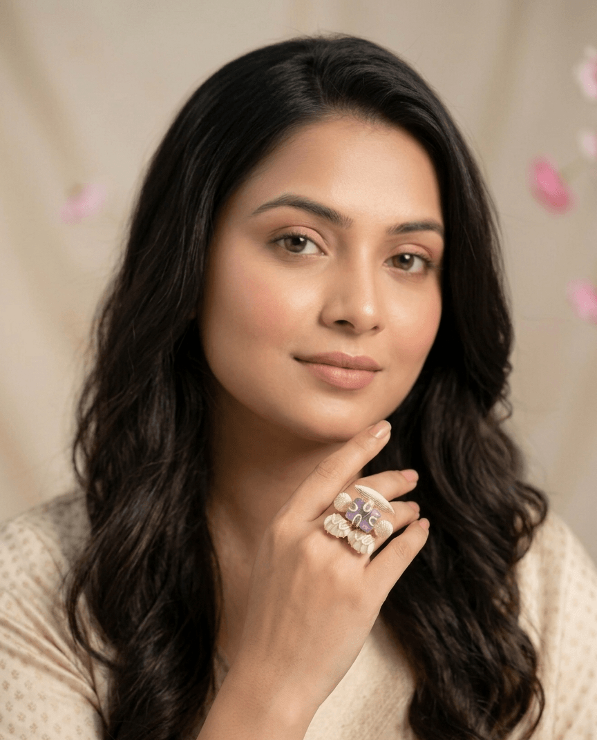 Amethyst and Moonstone Statement Ring – Handcrafted Gold Wire-Wrapped Cocktail Ring 1 A lifestyle shot of a woman wearing an intricate gold ring with a purple amethyst center and white caged moonstones on her hand.