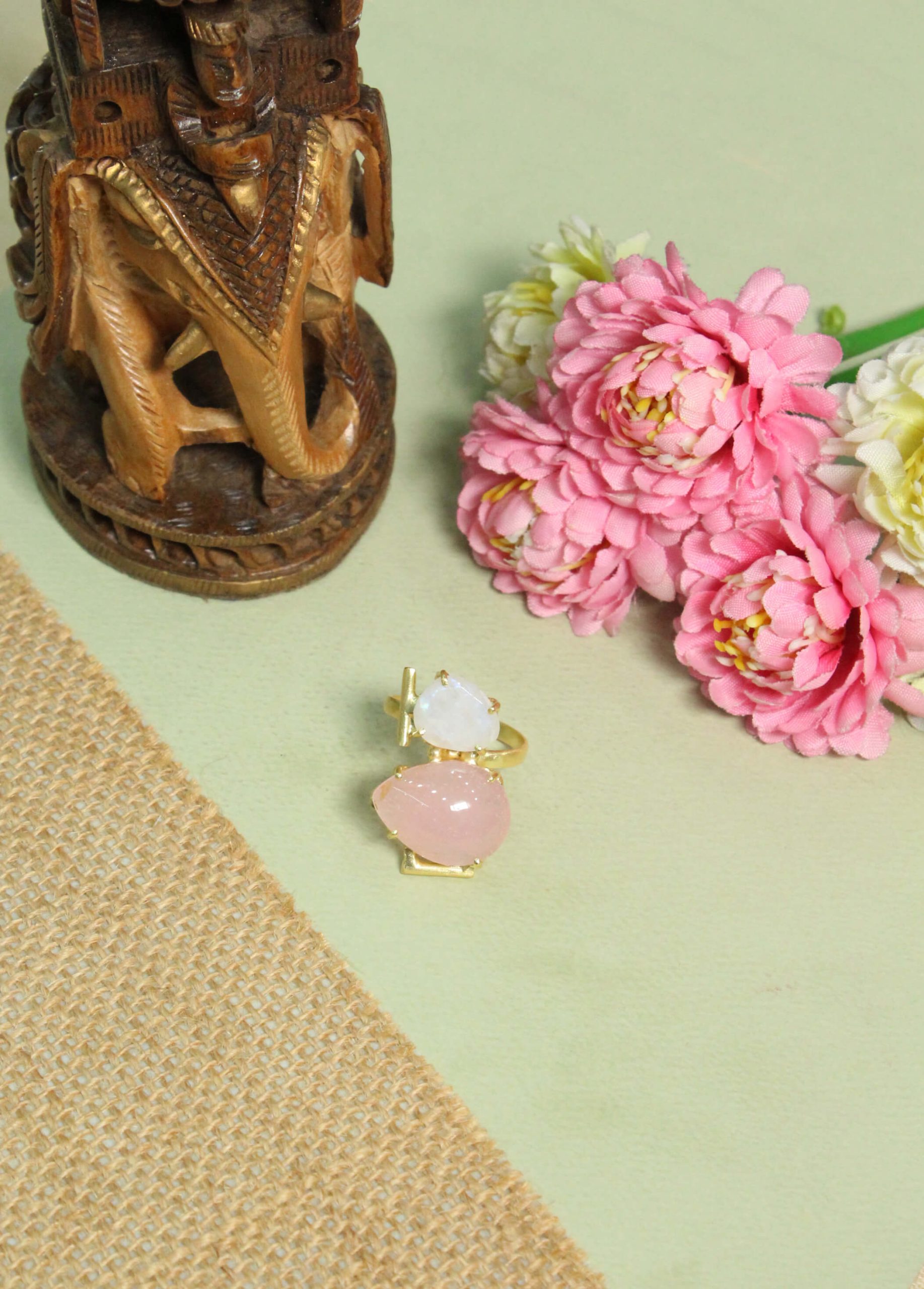 Rose Quartz and Moonstone Architectural Statement Ring – Handcrafted Gold Geometric Dual-Stone Ring 2 Rose Quartz and Moonstone Architectural Statement Ring – Handcrafted Gold Geometric Dual-Stone Ring - Image 2