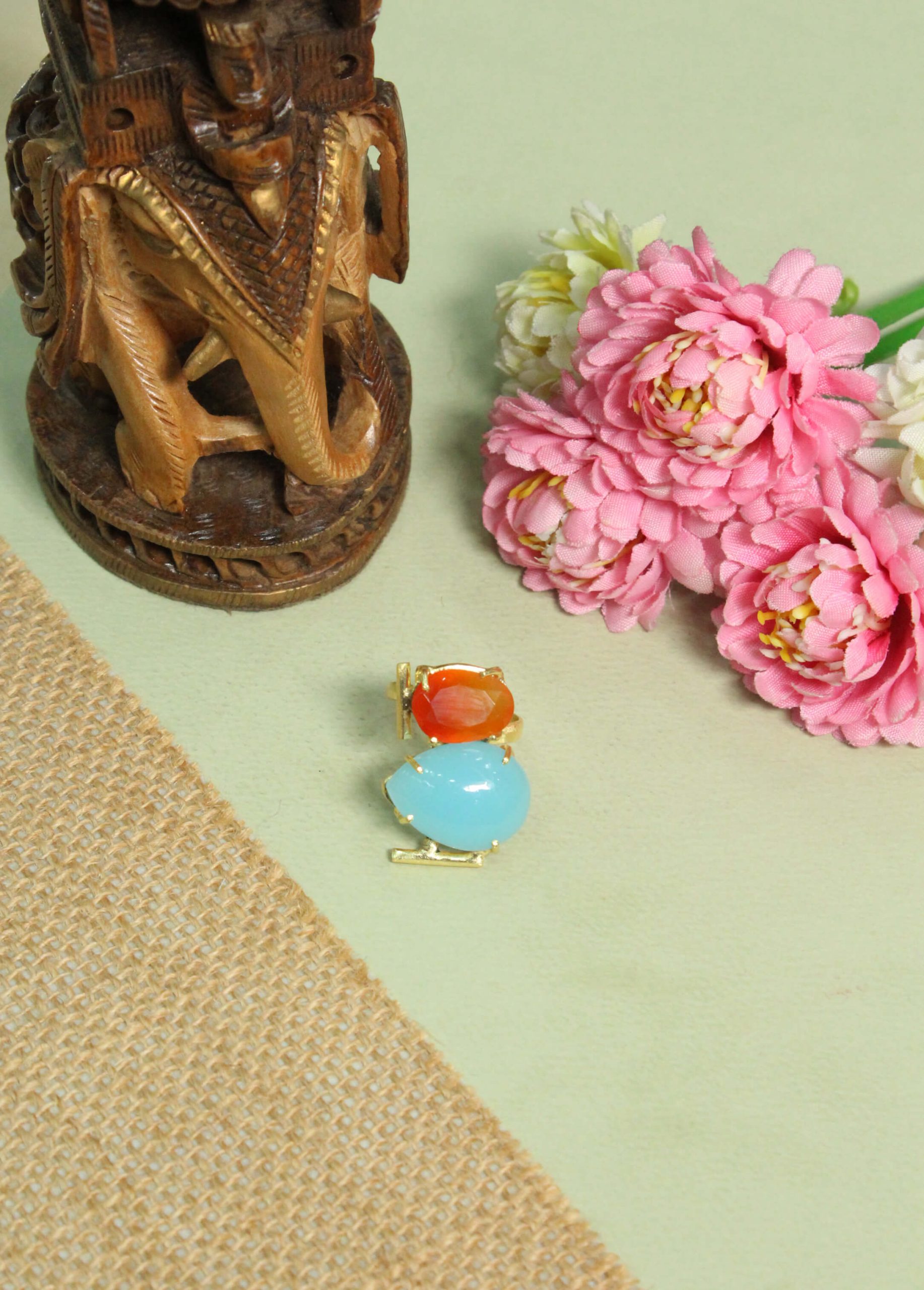 Aqua Chalcedony and Orange Carnelian Architectural Statement Ring – Handcrafted Gold Geometric Dual-Stone Ring 2 Aqua Chalcedony and Orange Carnelian Architectural Statement Ring – Handcrafted Gold Geometric Dual-Stone Ring - Image 2