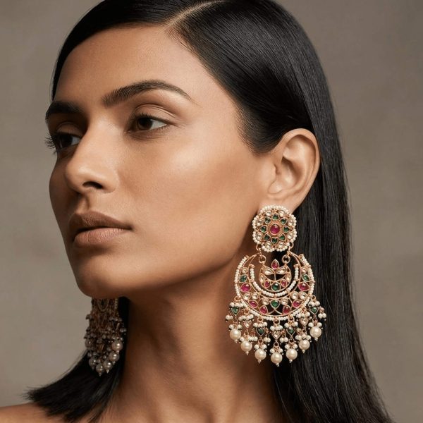 model-wearing-large-multicolor-navratan-style-kundan-chandbali-earrings-with-pearl-drops-Belsis-jewelry