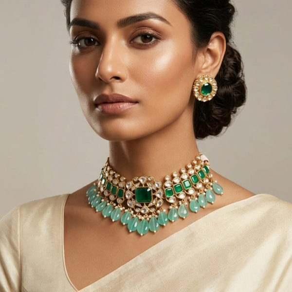 model-wearing-luxury-emerald-green-and-kundan-choker-necklace-with-matching-stud-earrings-Belsis