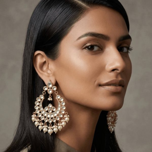 model-wearing-large-traditional-white-kundan-chandbali-earrings-with-pearl-fringe-Belsis-jewelry