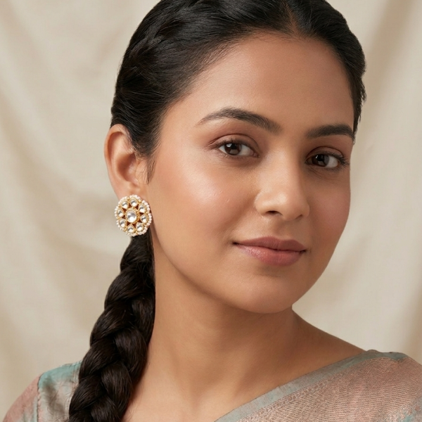 model-wearing-round-kundan-stud-earrings-with-pearl-edging-Belsis