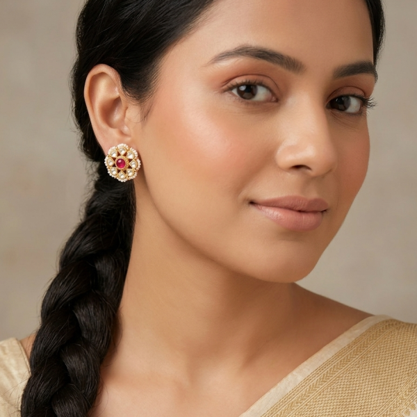 model-wearing-ruby-centered-kundan-stud-earrings-with-pearl-border-Belsis