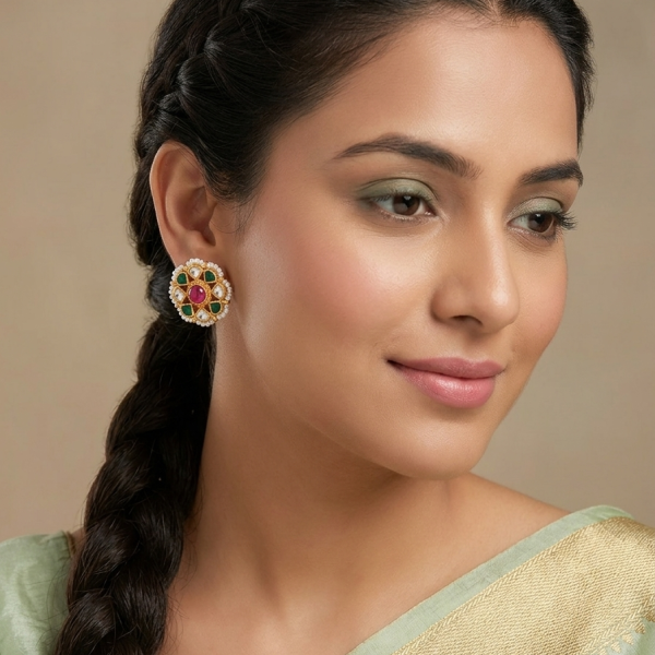 model-wearing-multicolor-navratan-style-kundan-stud-earrings-with-emerald-green-and-ruby-pink-stones-Belsis