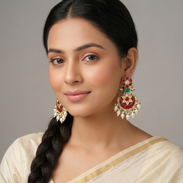 model-wearing-large-red-and-green-kundan-chandbali-earrings-with-pearl-drops-Belsis-jewelry