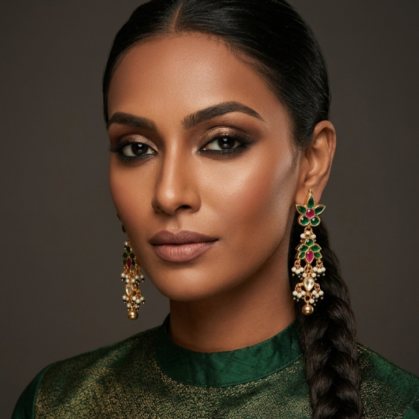 model-wearing-long-emerald-green-and-ruby-pink-floral-drop-earrings-with-pearl-clusters-Belsis-jewelry