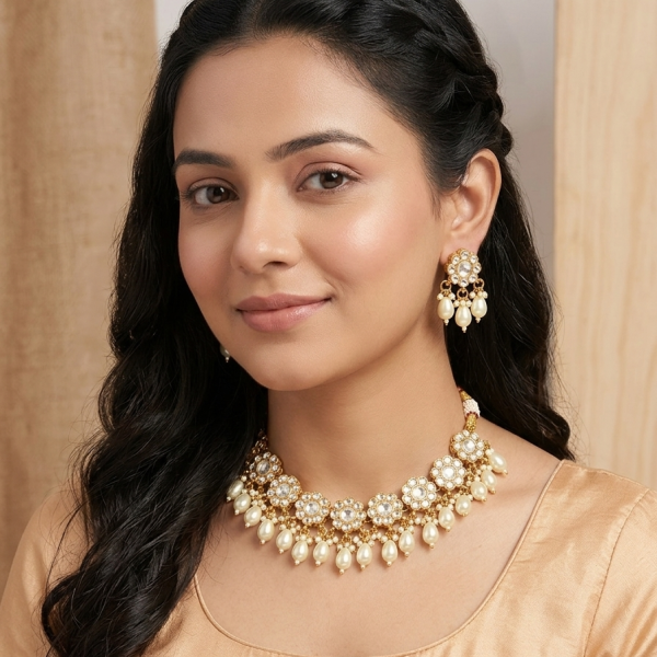 model-wearing-floral-kundan-necklace-with-pearl-drops-and-matching-earrings-for-wedding