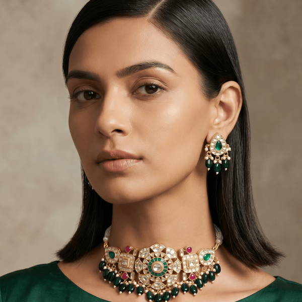 model-wearing-emerald-green-kundan-jadau-choker-necklace-set-Belsis-jewelry
