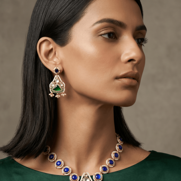 Profile view of an Indian model in a dark green silk outfit wearing a royal blue and emerald-green Kundan necklace with matching chandelier drop earrings.