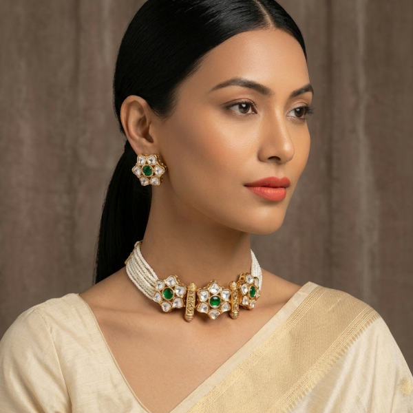 Elegant Indian model in a cream gold-bordered saree wearing an emerald-green floral Kundan choker with multiple pearl strings and matching star-shaped studs.