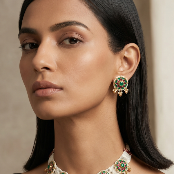 Close-up of a model wearing a wide seed pearl mesh choker necklace with green and red floral Kundan medallions and matching stud earrings.
