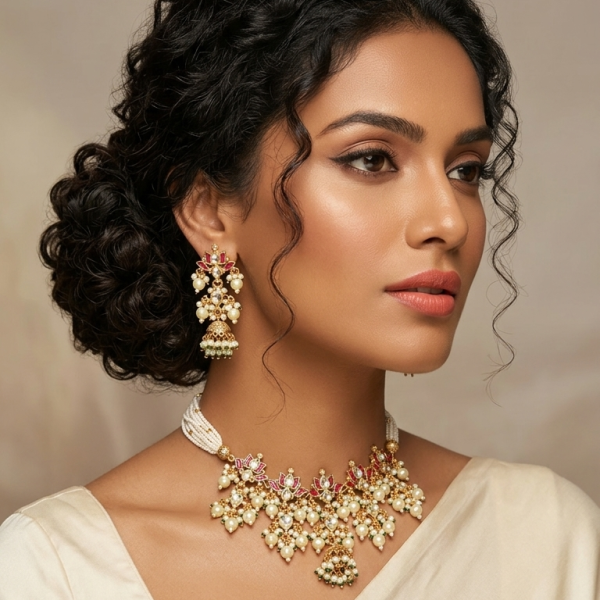 Elegant Indian model wearing a gold-plated Kundan choker necklace with ruby-red stones and pearl drops, paired with matching Jhumkas and a cream saree.