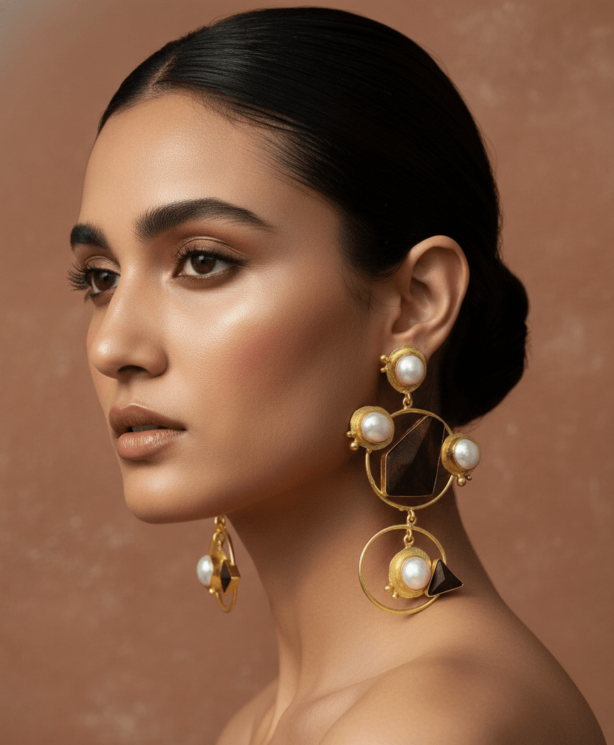 Handcrafted Rosewood and Baroque Pearl Tiered Hoop Earrings 1 model wearing tiered architectural earrings featuring circular gold hoops, dark rosewood geometric accents, and radiant white pearls.