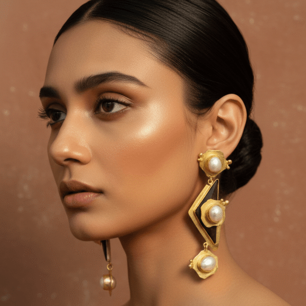 model wearing tiered architectural earrings featuring a gold rhombus frame, dark rosewood geometric accents, and lustrous white pearls.
