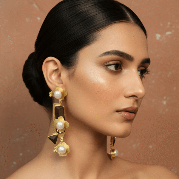 model wearing long, abstract tiered earrings featuring geometric rosewood accents and lustrous white baroque pearls set in gold-toned frames.