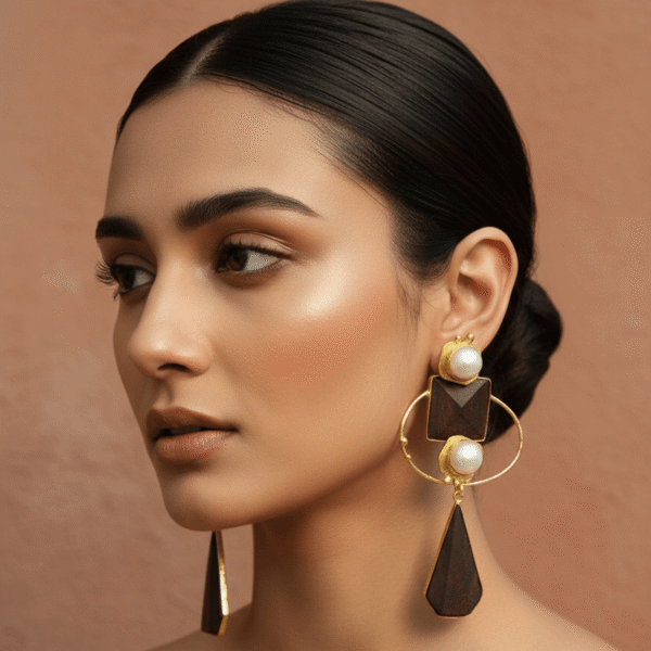 model wearing tiered architectural earrings featuring a circular gold hoop, dark rosewood geometric shapes, and radiant white baroque pearls.
