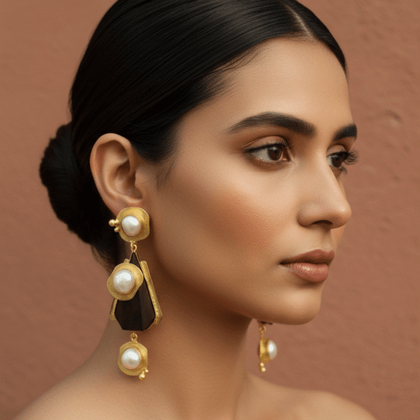Profile of a model wearing tiered architectural earrings featuring dark rosewood geometric shapes and lustrous white baroque pearls set in gold