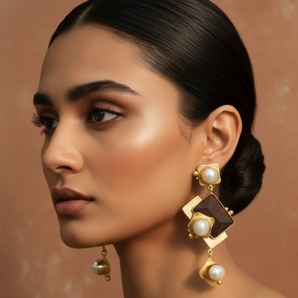 A close-up profile portrait of a beautiful woman wearing large, geometric dangling statement earrings made of gold-toned metal with baroque pearls.