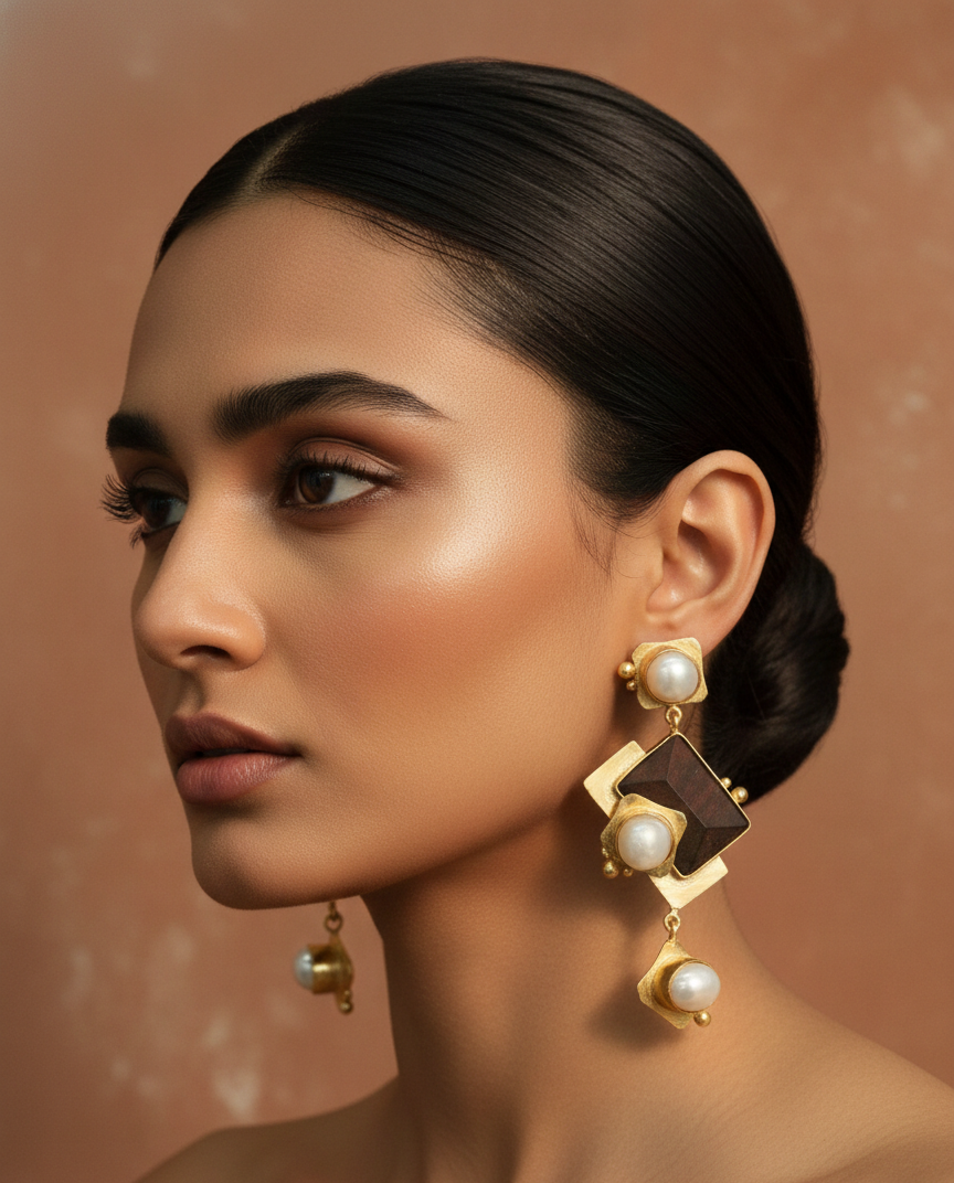Geometric Gold and Baroque Pearl Statement Earrings 1 A close-up profile portrait of a beautiful woman wearing large, geometric dangling statement earrings made of gold-toned metal with baroque pearls.