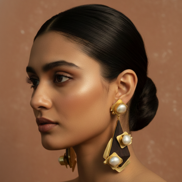 A side profile of a model wearing large, tiered architectural drop earrings made of dark rosewood with three white baroque pearls set in geometric gold-tone frames.