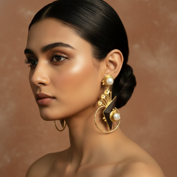 A model wearing large, architectural gold drop earrings featuring dark rosewood geometric inlays and two luminous baroque pearls.