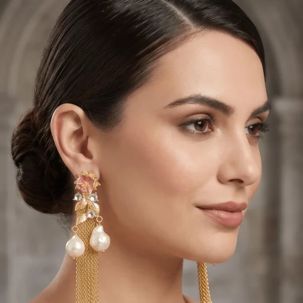 Studio profile portrait of a model showcasing Belsi's Jewelry Flower Power collection long statement earrings, featuring a rose pink enamel top flower, a gold leaf vine drop structure accented with clear stones, and two large hanging baroque pearls with ultra-fine gold chain fringes.