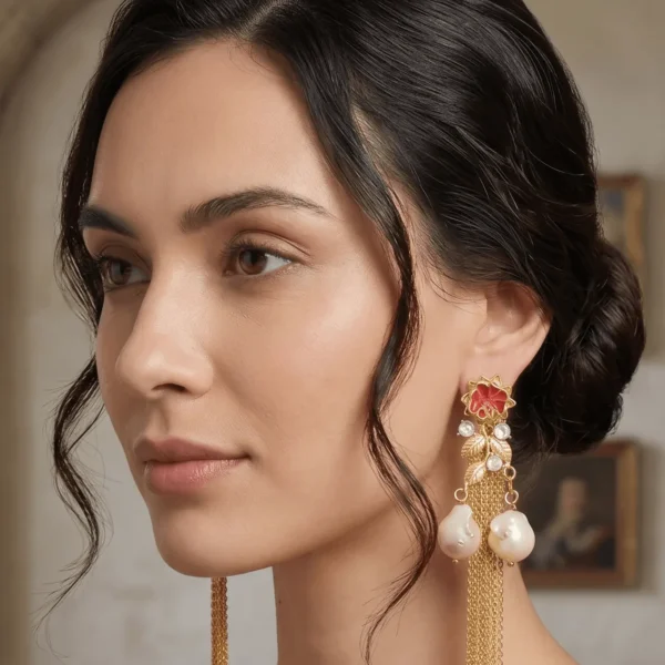 Studio product shot against a gray background showing a pair of Belsi's Jewelry Flower Power collection long statement earrings, featuring a hot coral red enamel top flower, a textured gold leaf vine body with clear crystal inserts, and two large hanging baroque pearls with long gold chain tassels.
