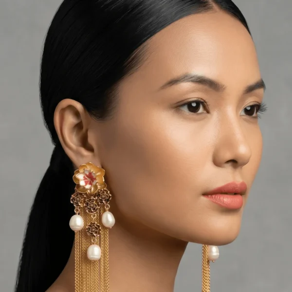 Close-up profile portrait of a model showcasing Belsi's Jewelry Flower Power collection long statement earrings, featuring a large tiered gold flower stud with red and ivory white enamel petals, a cluster drop of smaller filigree roses, multiple hanging round freshwater pearls, and long fluid gold chain fringe tassels.