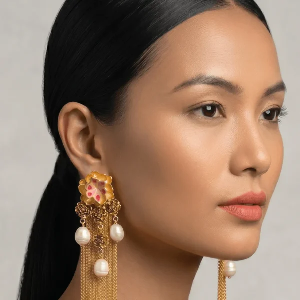 Close-up profile portrait of a model showcasing Belsi's Jewelry Flower Power collection long statement earrings, featuring a large tiered gold flower stud with soft pink and deep magenta enamel petals, a cluster drop of smaller filigree roses, multiple hanging round freshwater pearls, and long fluid gold chain fringe tassels.