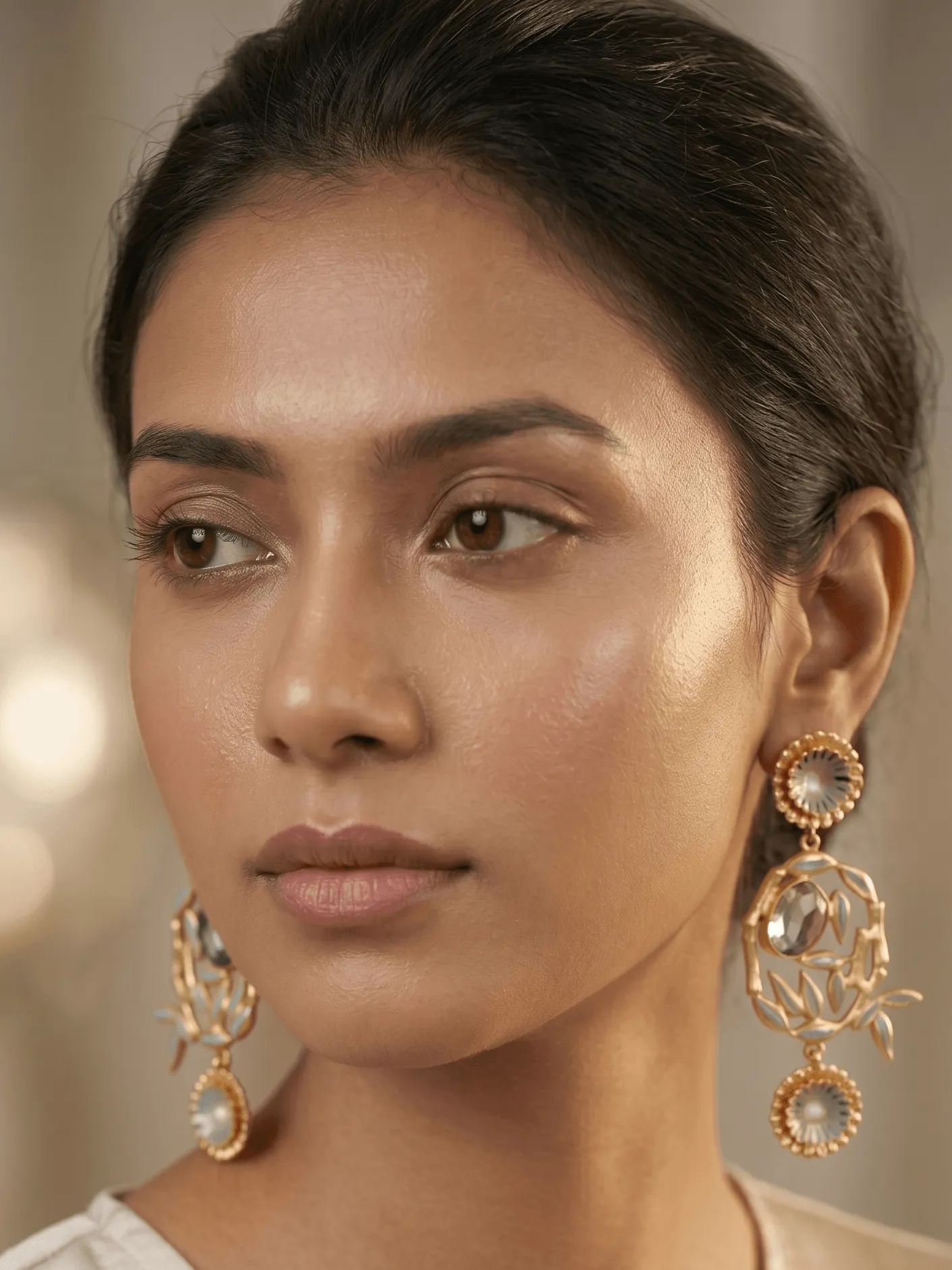 Imperial Enamelled Bamboo Chandelier Earrings in Gold-Tone with Slate Grey & Clear Gemstones 1 Close-up of a model wearing large, ornate gold-tone chandelier statement earrings featuring dual slate grey and white enamel floral medallions, a matching grey enameled central bamboo arch framework, and a clear faceted oval centerpiece gemstone.