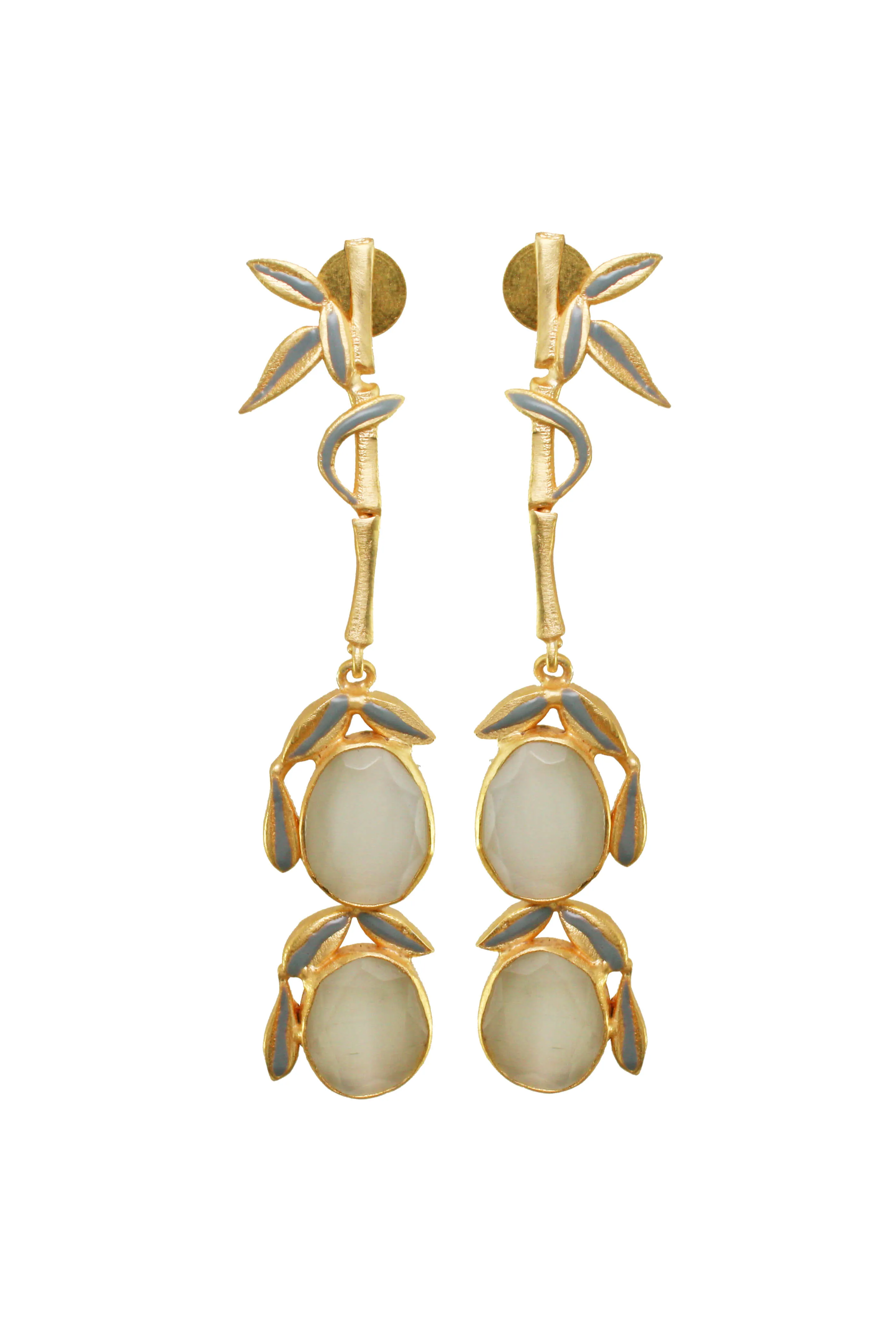 Majestic Enamelled Bamboo Drop Earrings in Gold-Tone with Milky White Gemstones 2 Majestic Enamelled Bamboo Drop Earrings in Gold-Tone with Milky White Gemstones - Image 2