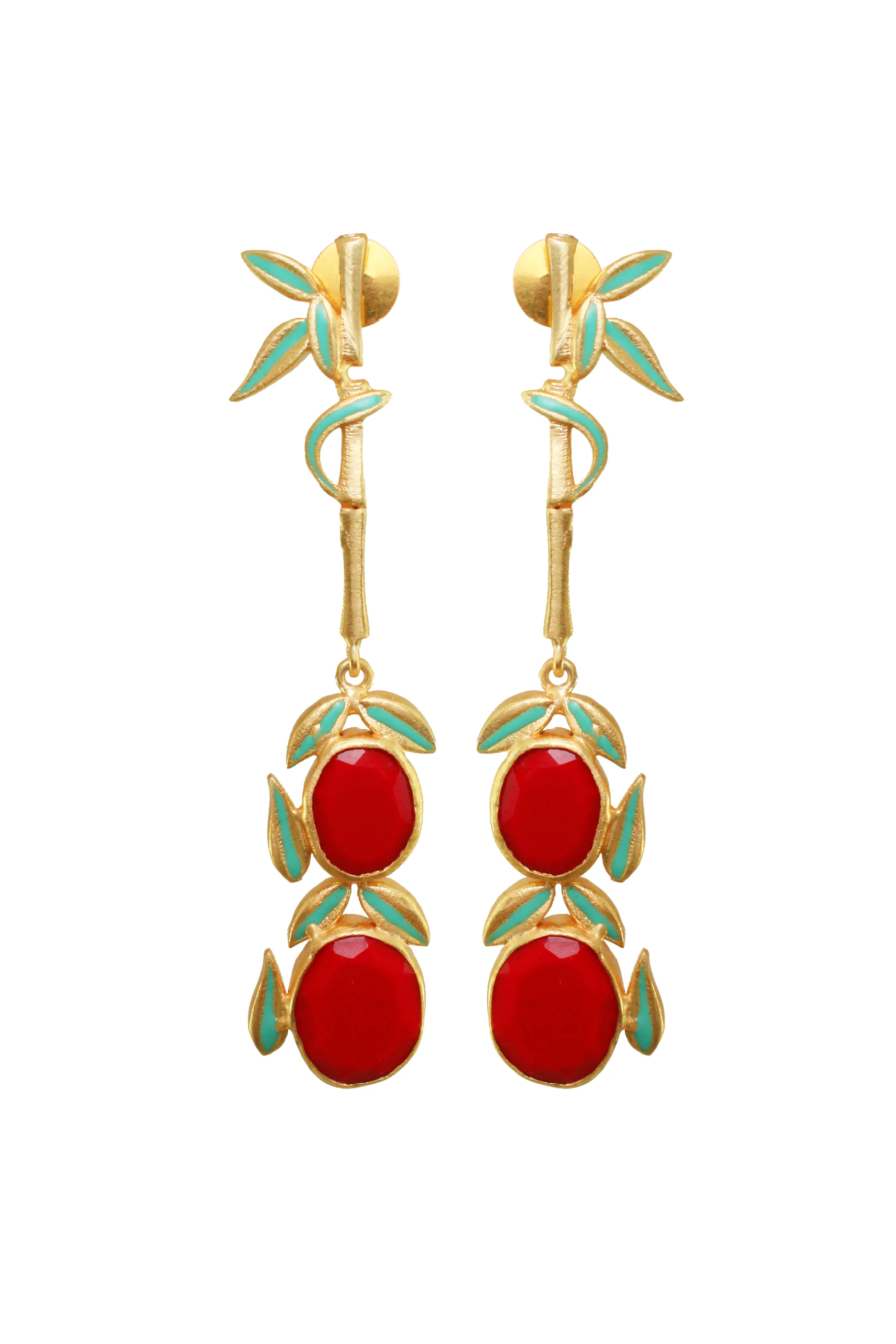 Majestic Enamelled Bamboo Drop Earrings in Gold-Tone with Ruby Red Gemstones 2 Majestic Enamelled Bamboo Drop Earrings in Gold-Tone with Ruby Red Gemstones - Image 2