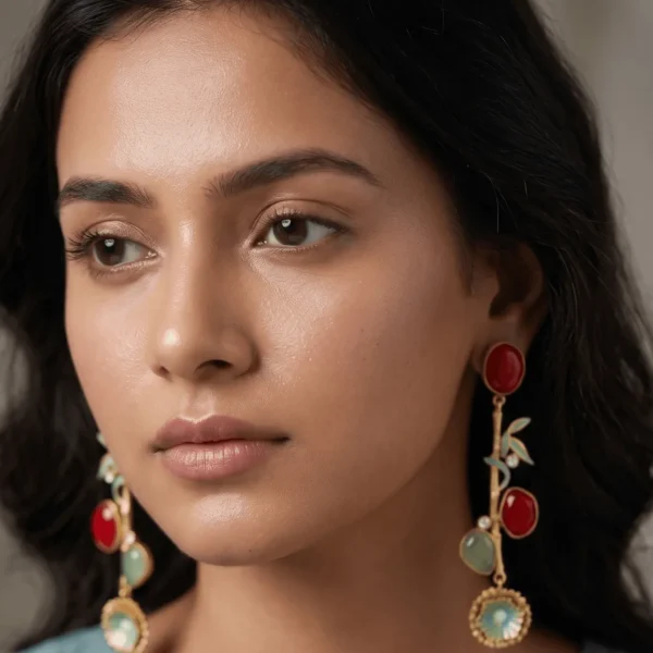 Close-up of a model wearing long gold-tone linear statement earrings featuring an oval ruby red cabochon stud, a vertical bamboo branch frame accented with light mint leaves and clear crystal nodes, staggered red and sage green gemstones, and a tiered fluted medallion dangling at the base.