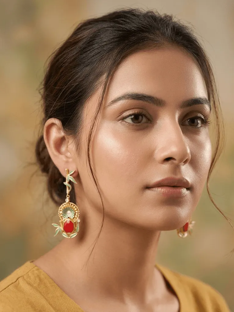 Vintage Enamelled Bamboo Medallion Drop Earrings with Ruby Red Gemstones 1 Close-up of a model wearing gold-tone statement drop earrings featuring a linear bamboo post with fresh mint green enamel leaves, a central fluted concentric medallion filled with mint accents, and a nested oval vibrant ruby red gemstone framed by hand-painted botanical foliage.