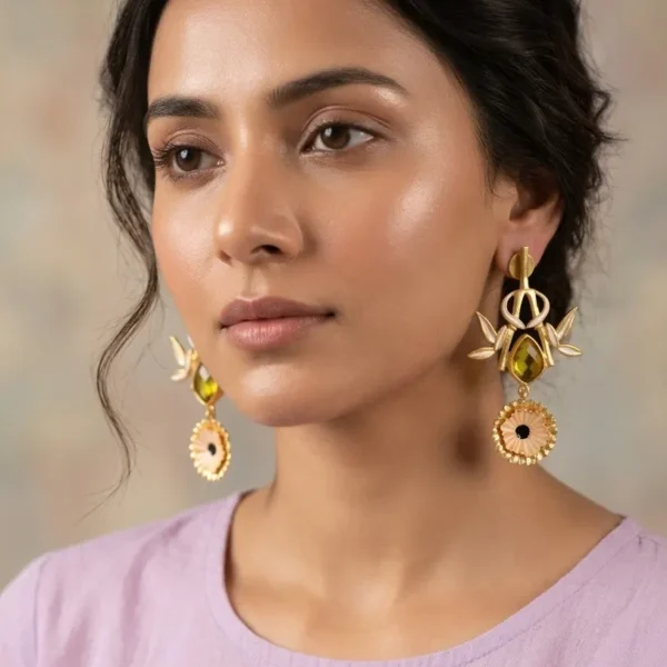 Close-up of a model wearing gold-tone statement drop earrings featuring a linear post, an openwork bamboo frame forming a shield silhouette with soft peach-cream enamel accents, a central faceted teardrop olive-green gemstone, and a tiered fluted peach medallion dangling at the base.